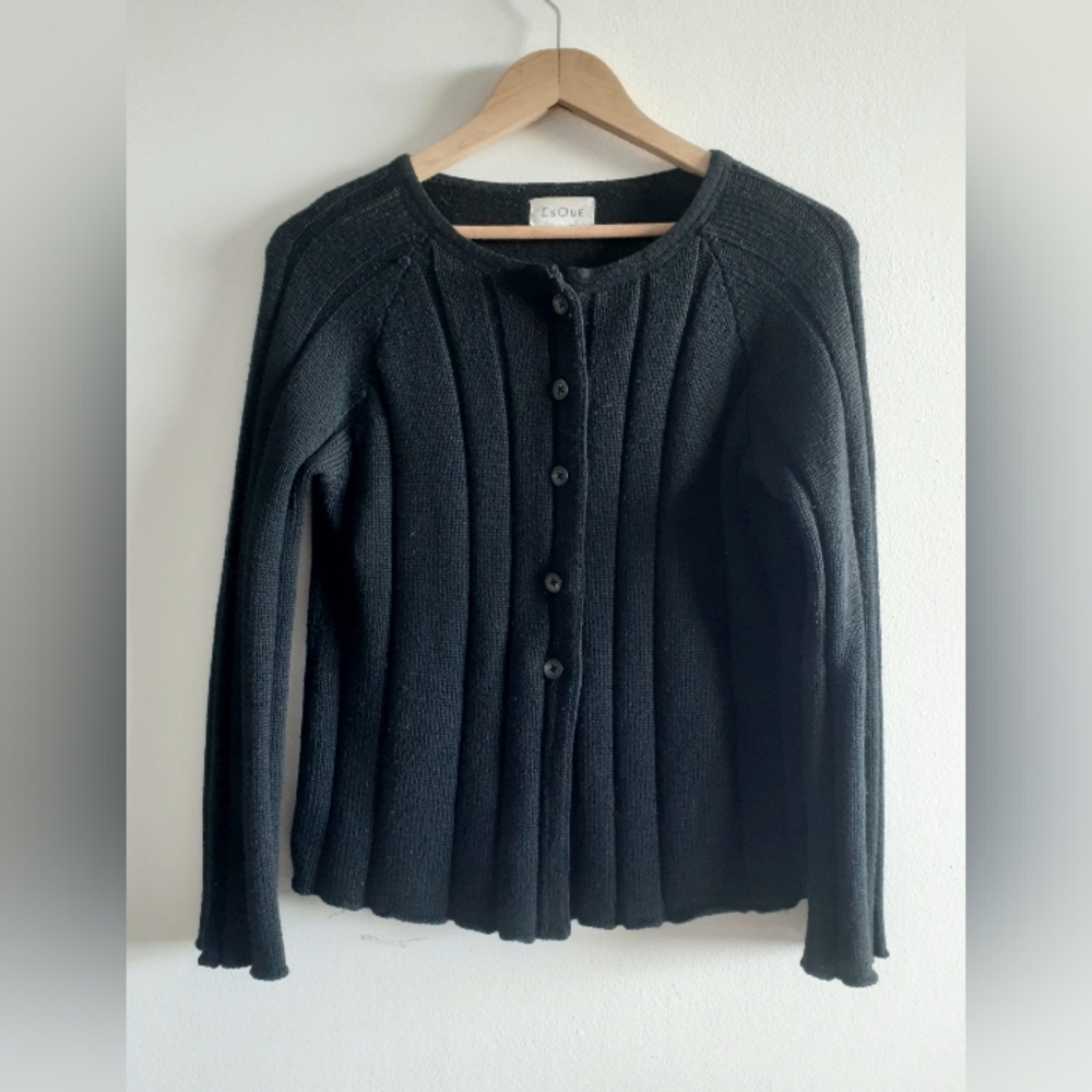 Ribbed Button-up Knit Cardigan with lettuce edge, M